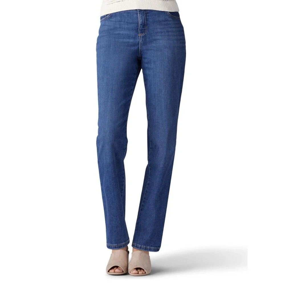 Lee Instantly Slims Straight-Leg Jeans Womens 10 Blue Medium Wash Relaxed NEW